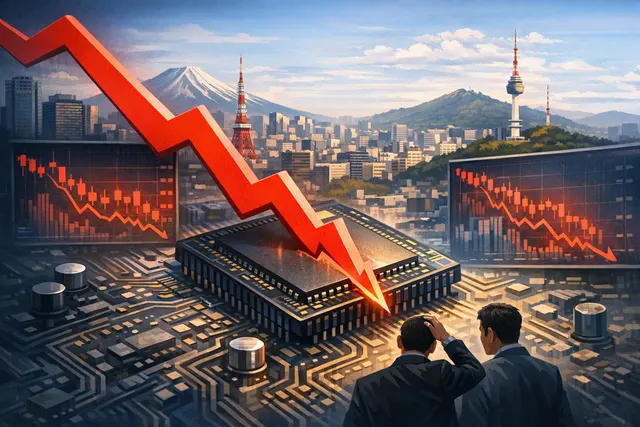 Asian chip stock market chart showing sharp decline with semiconductor circuit board background