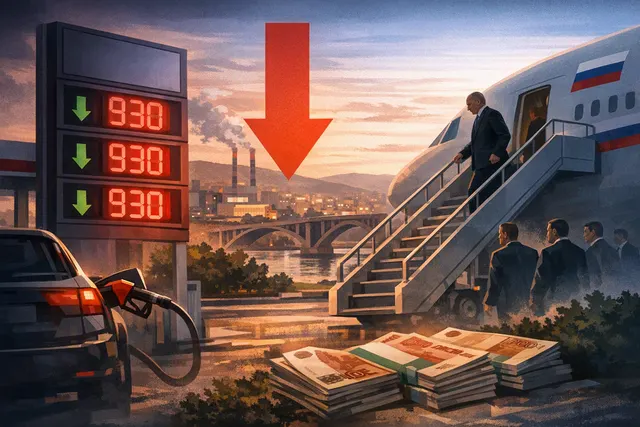 Krasnoyarsk gas station with fuel price display showing reduced prices on the day of Putin's visit