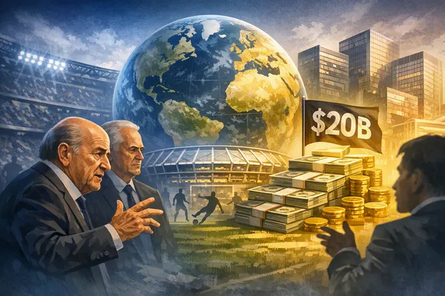 Soccer football on a field with FIFA branding and financial symbols representing the controversial $20 billion FIFA Forward Enterprise subsidiary plan