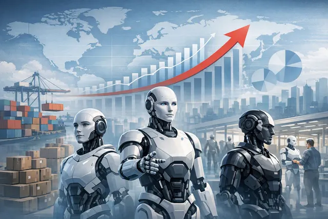 Editorial illustration of humanoid robots working in a modern industrial facility