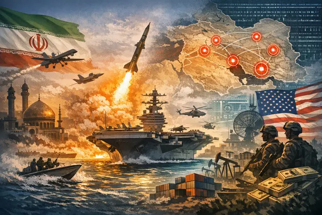AI-generated editorial illustration of Iranian missiles, a military base and shipping routes through the Strait of Hormuz