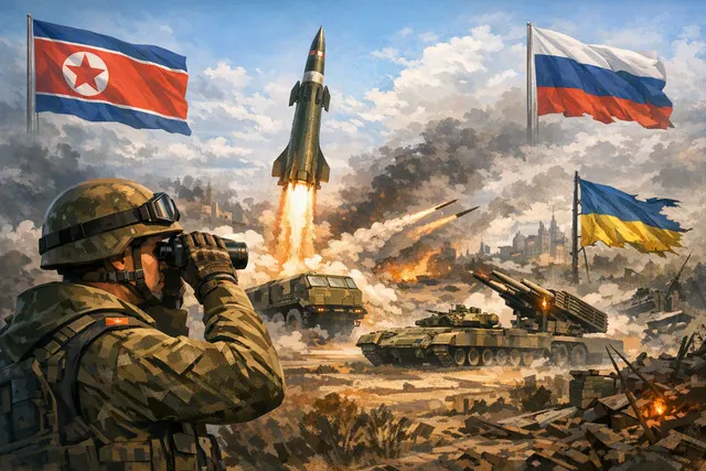 AI-generated image depicting North Korean ballistic missile deployment and military escalation in the Russia-Ukraine war