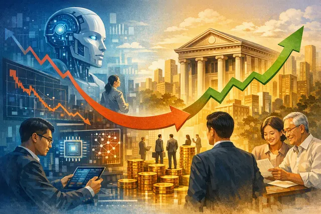 Asian stock market chart showing a rotation from tech to banks, with a scale tipping from AI and semiconductor symbols toward bank and financial institution icons.