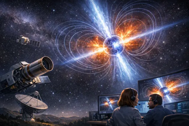 Illustration of the magnetar 1E 1547.0−5408, an ultra-magnetic neutron star used to confirm vacuum birefringence.