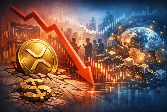 XRP cryptocurrency token breaking below $1 level on a downward price chart, with XRP Ledger network activity icons in the background symbolizing the disconnect between price and ad