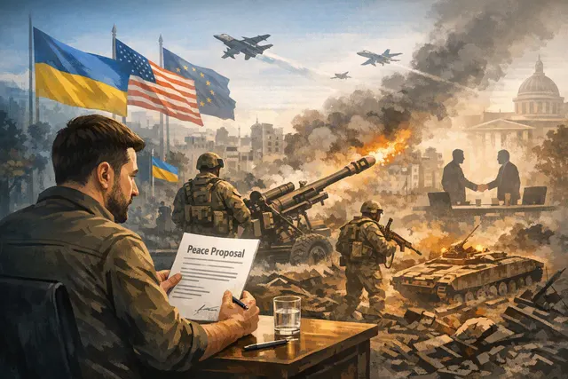 Editorial illustration representing Ukraine-Russia war developments including diplomacy, Patriot missile defense, and North Korean ballistic missile strikes