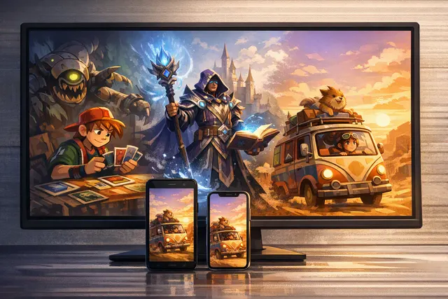 Illustration representing Epic Games Store free games for August 2026, including a card-battling RPG, an Albion Online bundle and a mobile exploration adventure