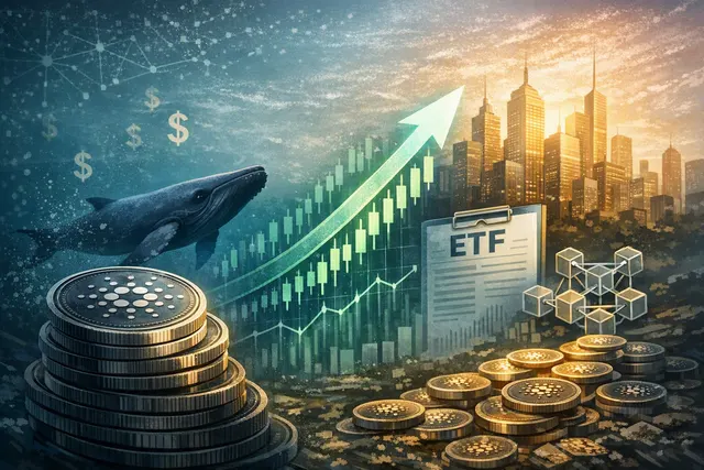 AI-generated editorial hero image showing Cardano ADA cryptocurrency price chart with whale accumulation and ETF milestone graphics