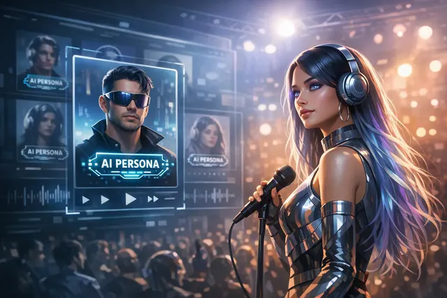 AI-generated editorial illustration representing Spotify's AI Persona badge policy for labeling AI-generated artist profiles