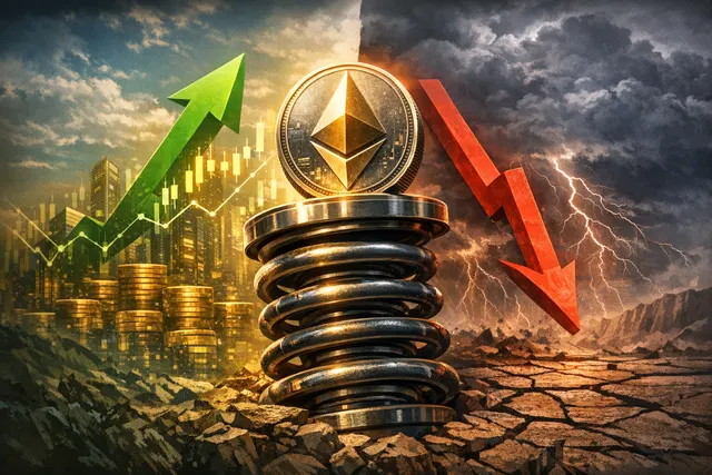Illustration showing Ethereum logo surrounded by diverging charts, with one side showing rising wallet adoption and the other showing declining price pressure