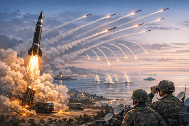 Editorial illustration of a North Korean missile launch over the Korean Peninsula