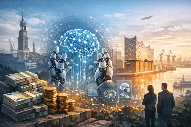 Conceptual illustration of AI and digital transformation merging with traditional German industrial and service businesses