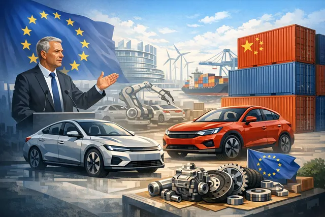 Renault CEO François Provost speaking at a podium with an EU and Chinese flag backdrop at the 2026 Automotive News Europe Congress in Brussels