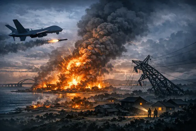 AI-generated illustration of a dark cityscape with explosions and drones overhead, representing a nighttime drone attack on occupied Crimea.