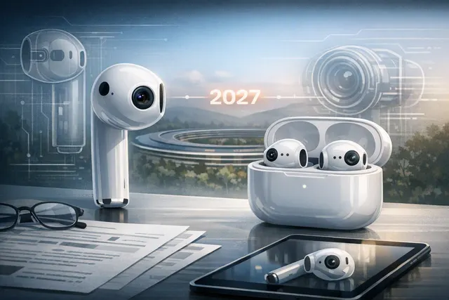 Concept render of Apple camera-equipped AirPods with embedded computer vision sensors in the stems, feeding visual data to Siri