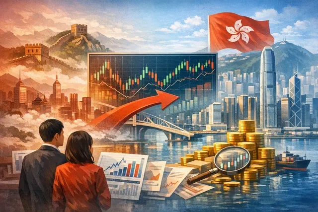 A financial chart showing a diverging performance between two stock indexes, with the Hang Seng Index in green rising while the STAR 50 in red plunges, symbolizing the capital rota