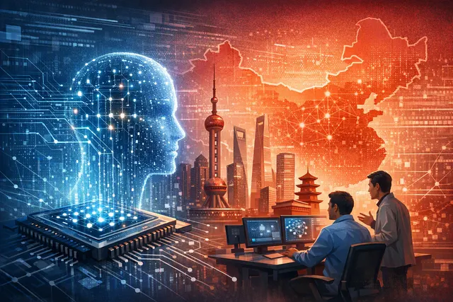 Abstract editorial illustration of Apple and Alibaba’s reported China-specific AI partnership