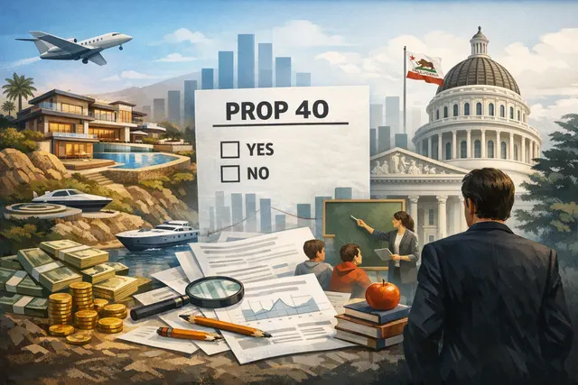 AI-generated illustration representing California's Proposition 40 billionaire tax debate, featuring the California state capitol silhouette with financial symbols and dollar signs