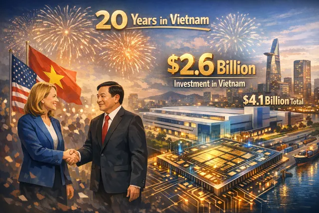 Intel Products Vietnam factory building in Ho Chi Minh City with modern semiconductor manufacturing facility signage and a 20th anniversary celebration graphic overlay.
