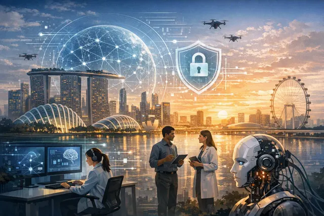 Illustration of Singapore and Microsoft collaborating to test frontier AI safety across languages
