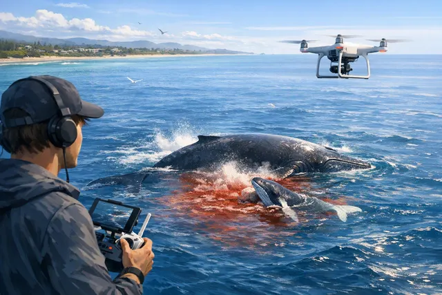 Aerial drone view of a humpback whale and newborn calf swimming near the surface off the coast of Australia.