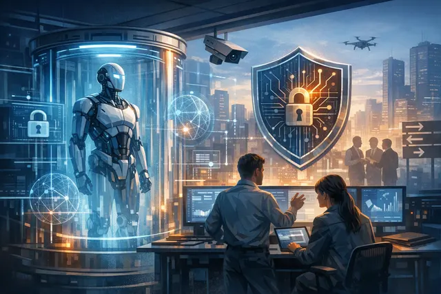 Conceptual illustration of an autonomous AI agent operating inside a secure containment container, with red, blue, and green agent icons and a cyber shield backdrop
