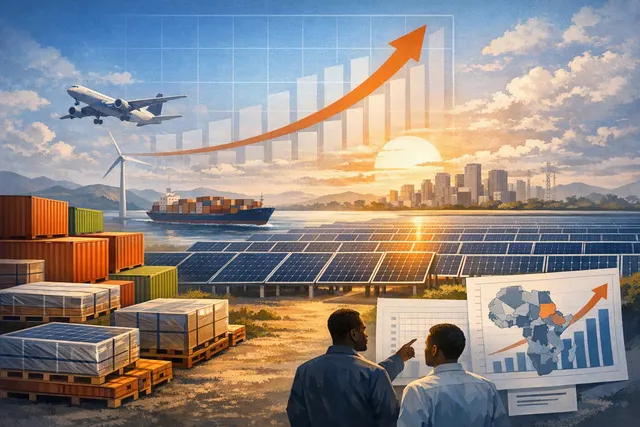 A wide field of solar panels under a bright blue sky, symbolizing Africa's accelerating solar energy boom driven by record imports and distributed rooftop installations