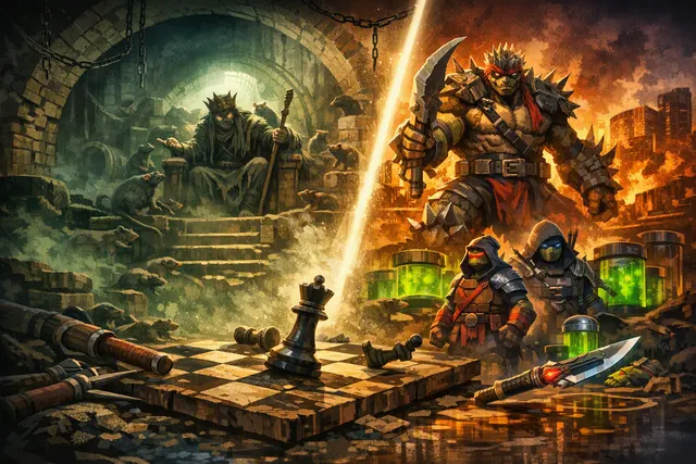 Teenage Mutant Ninja Turtles: Splintered Fate heroes facing the Rat King in a dramatic battle scene