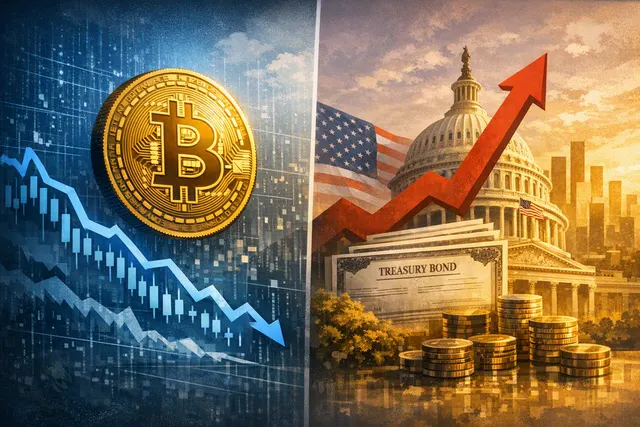 Bitcoin volatility and Treasury yield divergence chart visualization with DVOL at 35 and 10-year yield at 4.67%