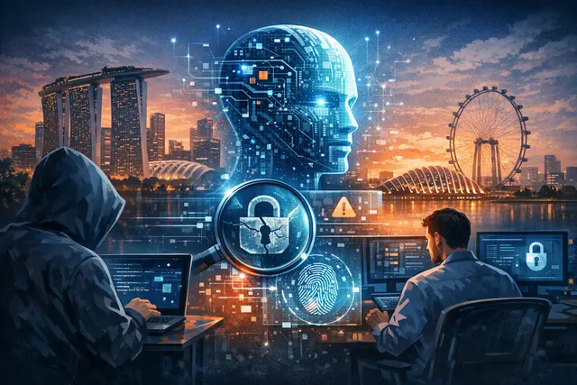 Abstract illustration of a frontier AI system scanning interconnected computer networks for cybersecurity vulnerabilities