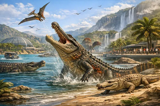 Crocodilia Coast DLC concept art for Jurassic World Evolution 3 featuring prehistoric species and coastal scenery