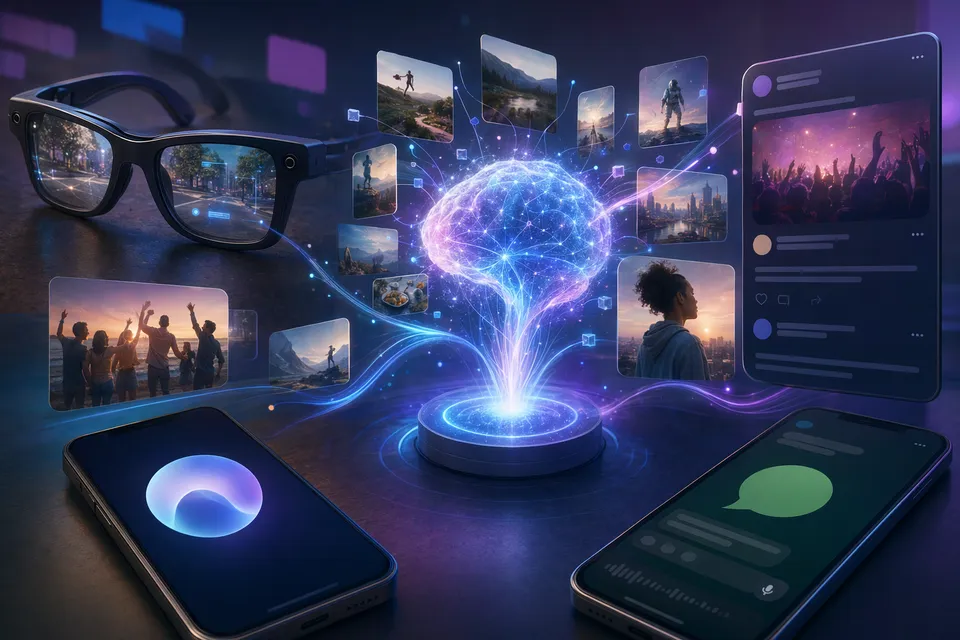 Abstract illustration of Meta AI extending from a phone to smart glasses and social app conversations