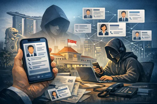 Illustration of a fake Singapore government official identity combining a directory profile, spoofed phone call, WhatsApp message and official-looking documents