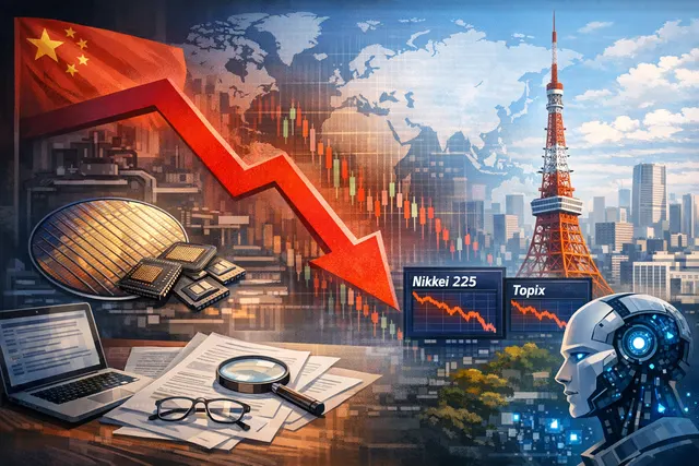 A dramatic downward-sloping stock market chart with red candlesticks and semiconductor circuit board patterns overlay, representing the global chip selloff on July 28, 2026.