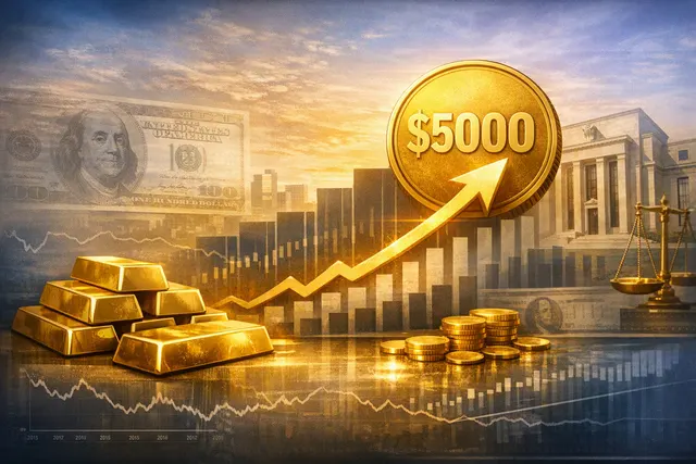 Gold bars and coins arranged on a dark surface with a stock market chart in the background, illustrating UBS's gold price outlook targeting $5,000 per ounce by early 2027.