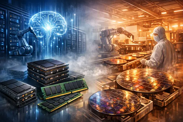 Illustration of AI data centers competing with PCs and cars for scarce DRAM and HBM memory chips