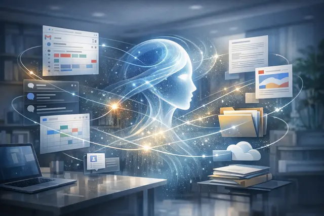 Abstract illustration of Gemini connecting Google Workspace data sources through an AI retrieval layer