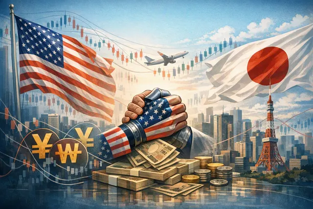 A stylized illustration of a Japanese yen banknote and a US dollar bill on a dark background, representing the rare US-Japan coordinated currency intervention in August 2026.