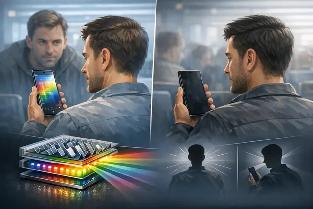 Illustration of a Galaxy S26 Ultra using Privacy Display, with the screen clear from the front and obscured from a side angle