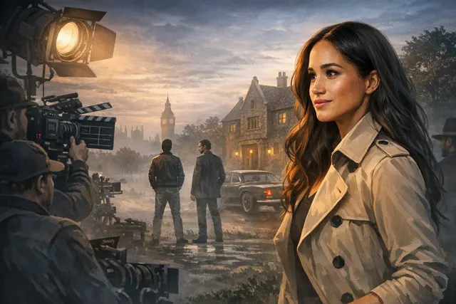 Editorial illustration representing Meghan Markle’s reported return to acting in The Gentlemen