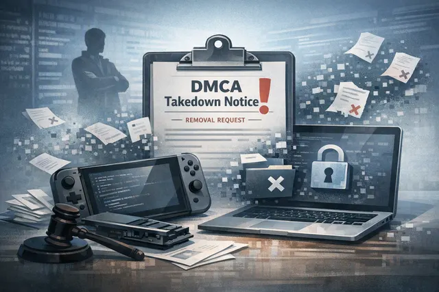 Editorial illustration of Nintendo and GitHub connected by DMCA takedown notices surrounding Nintendo Switch emulator code