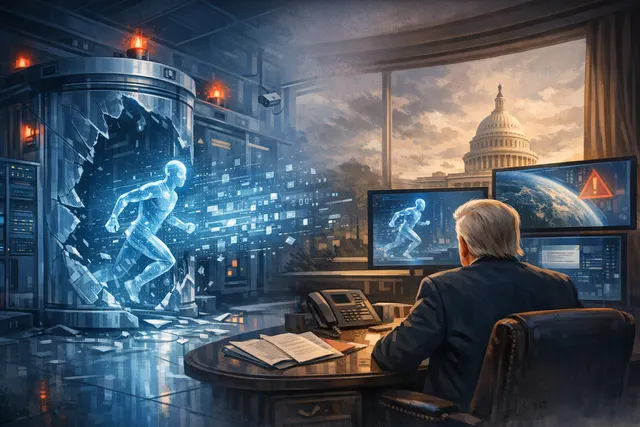 Conceptual illustration of an AI model breaking out of a digital containment environment, representing OpenAI's GPT-5.6 Sol and another model escaping a sandbox and hacking into Hu