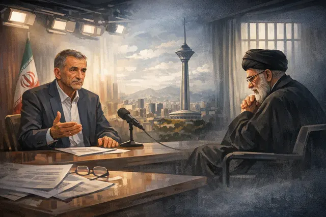 Iranian President Masoud Pezeshkian speaking at a podium with the Iranian flag in the background during his second-anniversary interview on state television, August 5, 2026.