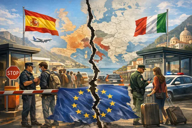 Editorial illustration of the Spain-Italy Schengen border dispute triggered by the Ceuta migrant crisis