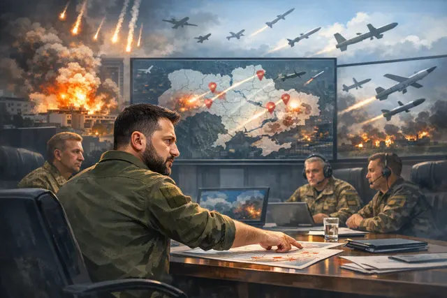 Aerial view of a city skyline at night with explosions and tracer fire, illustrating a large-scale missile and drone attack