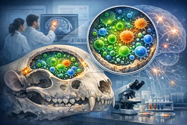 Illustration of lymph node-like immune hubs in skull bone marrow responding to a brain tumor