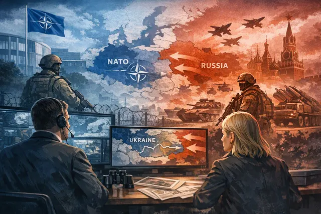 Editorial illustration of NATO’s eastern flank facing cyberattacks, drones and hybrid threats from Russia