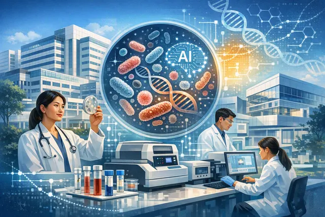 Illustration of AI-assisted antibiotic testing for drug-resistant infections
