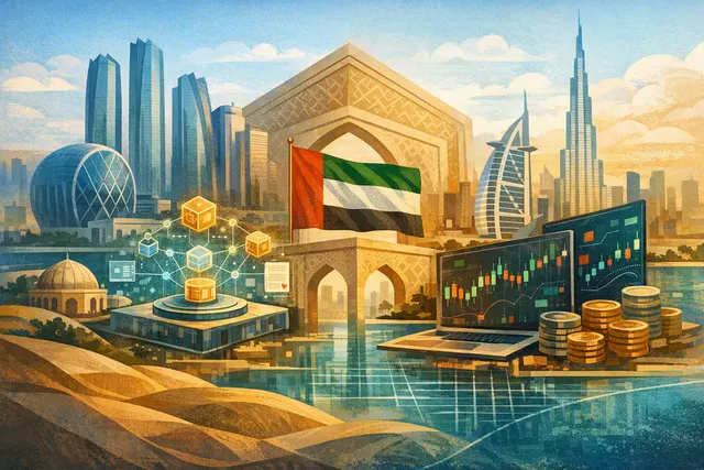 Editorial illustration of Coinbase and Deribit connecting tokenized securities and crypto derivatives across Abu Dhabi and Dubai