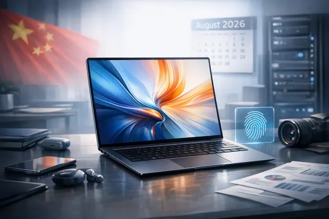 Huawei MateBook Pro S laptop on a desk, showcasing its ultra-thin 798-gram magnesium-lithium alloy chassis and OLED display